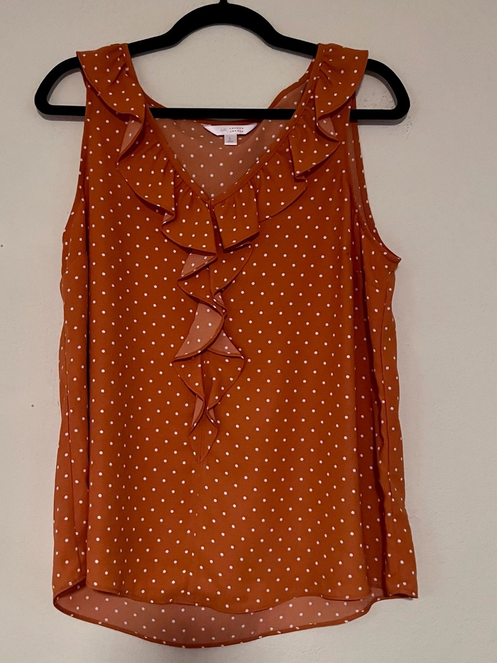 LC Lauren Conrad Rust Polka Dot Ruffle V-Neck Tank top